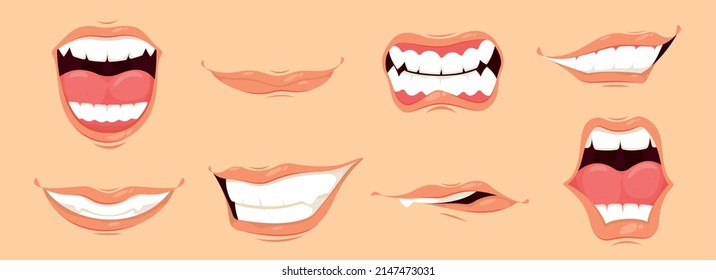 Man Mouth Cartoon Set With Different Emotions Smirk Smile Sticking Out Tongue Anger Happiness Isolated Vector Illustration