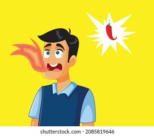 Man with Mouth in Flames After Eating Chili Spicy Food Vector Cartoon. Young person having a piquant taste in their mouth from a red paprika spice
