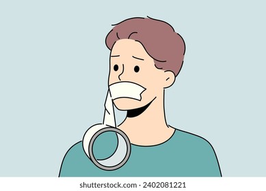 Man with mouth taped shut is embarrassed by lack opportunity to speak out and censorship that violates human rights. Guy became victim of censorship caused by infringement of democracy and free media