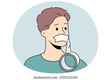 Man with mouth taped shut is embarrassed by lack opportunity to speak out and censorship that violates human rights. Guy became victim of censorship caused by infringement of democracy and free media