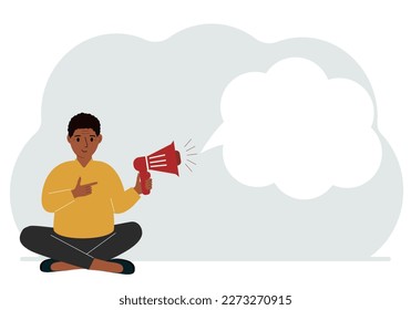 A man with a mouthpiece in his hand sits cross-legged. From loudspeaker bubbles to accommodate text. Vector flat illustration