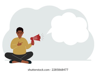 A man with a mouthpiece in his hand sits cross-legged. From loudspeaker bubbles to accommodate text. Vector flat illustration