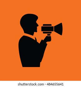 Man with mouthpiece icon. Orange background with black. Vector illustration.