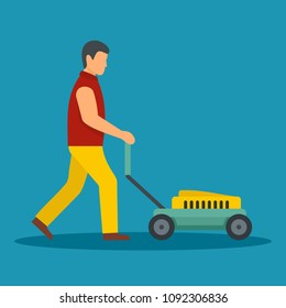 Man move the lawn mower icon. Flat illustration of man move the lawn mower vector icon for web design