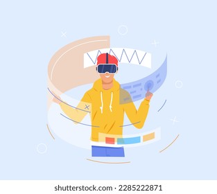 Man move object in VR glasses. Virtual technology concept. A young man moving objects around using a virtual reality VR headset. Metaverse Digital Virtual Reality Technology. Vector illustration