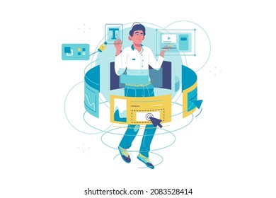 Man move slider or switch button vector illustration. Virtual controlboard, transparent screen flat style. Easy control, fast access concept