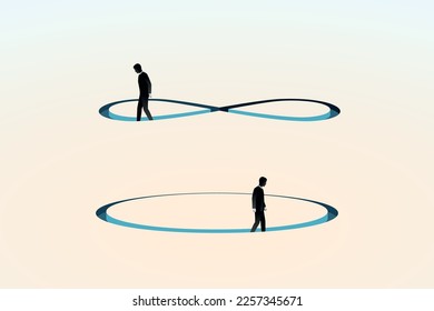 Man moves along an infinity symbol, businessman walks round in circles, metaphor of unsolvable problems, endless searches or being looped in routine, abstract depiction of business issues