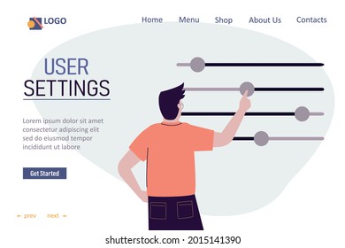 Man moves different sliders. Guy adjusts various parameters. Custom settings. User customize settings. System adjust, control panel. Back view. Template, landing page for website. Vector illustration