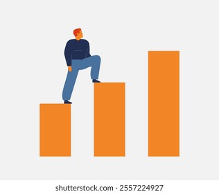 Man moves forward through motivation. Male raising up with effort and ambitions on business success stairs. Career personal growth and development. Self belief concept. Vector illustration