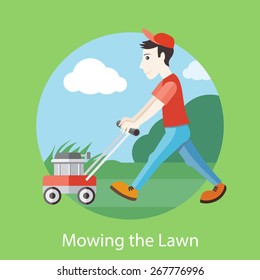Man moves with lawnmower, mows green grass near house. Man in a red cap and T-shirt cutting grass in his garden yard with lawn mower in flat design