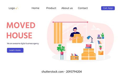 Man moves new office, home, house. People moving and collect supplies in boxes. Persone cartoon characters packing belongings. Young gay unpacking concept, delivery, relocation, move box