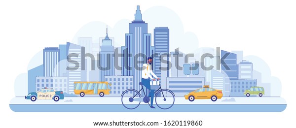 Man Moves on an Eco-friendly Bicycle, Cartoon.
Guy in Business Suit Moves around City, he Cares about Environment,
so he Uses Bicycle. Background Cars, Road and Architecture, Big
City Center.