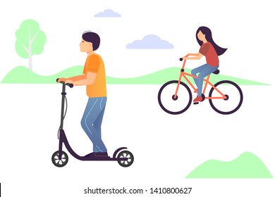 A man moves on an electric scooter. Girl riding a bike. Eco friendly urban transport. Summer outdoor. Active and healthy lifestyle of Millennials. Vector illusration.