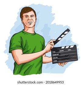 Man with movie clapper, vector on a white background	