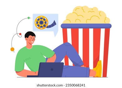 Mann mit Filmauswahl-Konzept. Junge Junge mit Laptop auf dem Hintergrund von Popcorn wählen Film. Kino, Filme und Fernsehserie. Unterhaltung und Spaß. Cartoon-Flavektor-Vektorgrafik