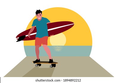 a man is moving along beachside  by surfskateboard while holding a red surfboard on his hand. He is skateboarding during the sunset.
