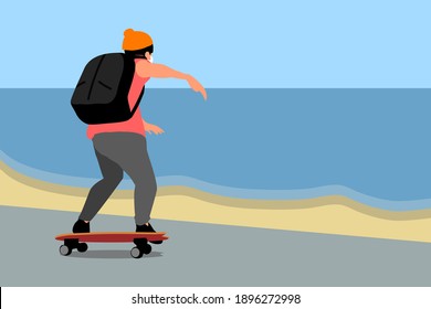 a man is moving along beachside  by surf skateboard with his backpack.