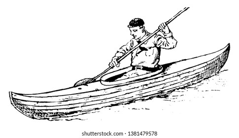Un hombre mueve un bote hacia adelante con la ayuda de un remo en un pequeño río, un dibujo vintage de líneas o una ilustración grabadora.