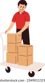 Man Moving Box Packages Trolley Vector Illustration