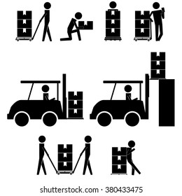 man moving box and things with fork lift together icon sign symbol vector pictogram