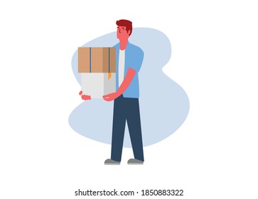 Man moving boxes. Simple flat illustration