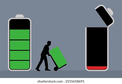 A man is moving the charge from a battery to a battery that needs re-charged in  an illustration about battery powered devices of all kinds.