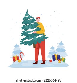 A man moving Christmas tree on flat illustration