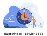 Man moving clock arrows and managing time. Planet, night and day in background. Vector illustration for circadian rhythms, daily routine, morning and evening change, planet movement concept