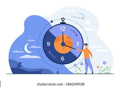 Man moving clock arrows and managing time. Planet, night and day in background. Vector illustration for circadian rhythms, daily routine, morning and evening change, planet movement concept