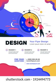 Man moving clock arrows and managing time. Planet, night and day in background. Vector illustration for circadian rhythms, daily routine, morning and evening change, planet movement concept