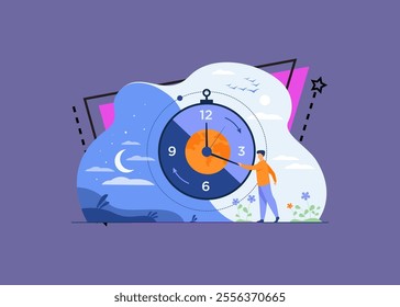 Man moving clock arrows and managing time. Planet, night and day in background. Vector illustration for circadian rhythms, daily routine, morning and evening change, planet movement concept