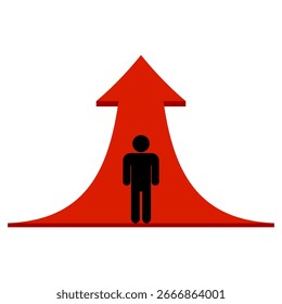 Hombre avanzando con la Ilustración vectorial de flecha de crecimiento. Una silueta humana negra de pie dentro de una Grande flecha roja hacia arriba. La flecha simboliza el progreso, el crecimiento, el éxito profesional y la ambición.