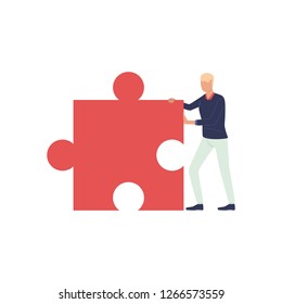 Man moving giant piece of puzzle flat icon. Jigsaw, challenge, problem solving. Vector illustration can be used for topics like business, teamwork, difficult task