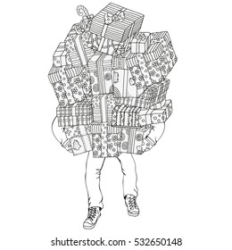 Hombre en movimiento, con una enorme pila de cajas de regalo, balanceado en manos, ilustración vectorial.Patrón para el libro de colorear. Elementos decorativos de Navidad dibujados a mano en vectores. Blanco y negro. Regalo de año nuevo