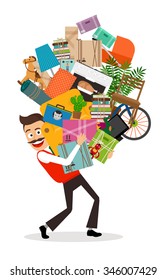 Man moving illustration. Happy man walking with all he has in hands. Vector illustration.