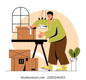 Man moving to new home. Young guy collects things in box on table. Preparation for relocation and immigration, buying new apartment. Home decoration and furniture. Cartoon flat vector illustration