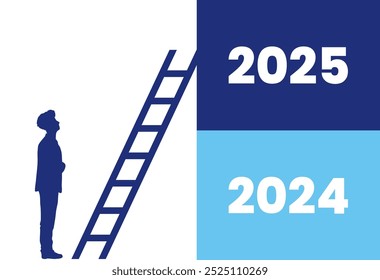 Homem se mudando para o Ano Novo de 2025 com a ajuda de uma escada Homem pensando em subir uma escada para entrar no ano novo 2025 Homem escalando escada para alcançar o novo ano 2025 conceito de ilustração vetorial