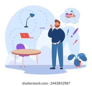 Man moving objects with the power of thought vector illustration. Table, lamp, laptop, pen. Power of thought, telekinesis, visualization and energy concept.