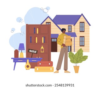 Man moving with things. Young guy with closet and table naer house. Relocation and imigration. Transportation with luggages. Flat vector illustration isolated on white background