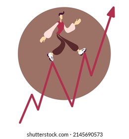 Man is moving up. Person climbs up the tops of the chart. Puppet rising under diagram. Career ladder vector icon. Illustration, people run towards their goal along a column of columns motivation.
