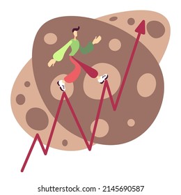 Man is moving up. Person climbs up the tops of the chart. Puppet rising under diagram. Career ladder vector icon. Illustration, people run towards their goal along a column of columns motivation.