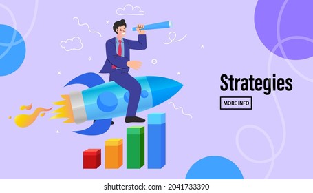 Man moving upward on rocket. Business development and growth, goal achievement concept. Creative concept idea of searching for business opportunities or startup. cartoon vector illustration.