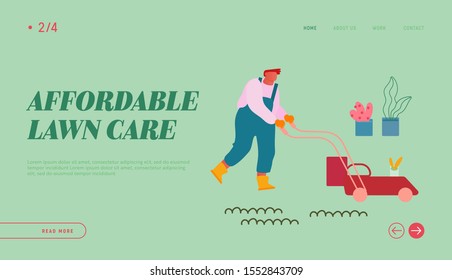 Man Mow Lawn in Garden Website Landing Page. Gardener or Worker Pushing Lawn Mower Machine for Cutting and Trimming Grass in Yard or Public City Park Web Page Banner. Cartoon Flat Vector Illustration