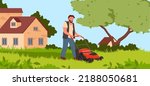 Man with mower cutting garden lawn. Gardening activity, farming outdoor, grass cutting service, gardener work, running a lawn mower, hand propelled machine vector illustration