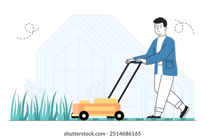 Man mowes lawn. Young guy with lawnmower cuts grass in yard. Routine and household chores. Garden and backyard worker. Linear vector illustration isolated on white background