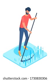 Man mowing grass isometric vector illustration. Young rancher with scythe 3D cartoon character. Farmer working in field isolated on white background. Farming chores, husbandry, rural economy