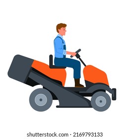 Man mowing grass with lawn mower tractor vector illustration. Cartoon isolated male driver riding lawnmower machine, farmer gardening with motor equipment and cutting spring plants, side view