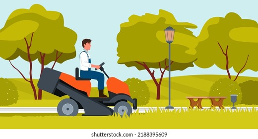 Man Mowing Grass With Lawn Mower Tractor Vector Illustration. Cartoon Worker Of Landscaping Service Driving Machine Along Park Road With Shrubbery And Trees, Young Male Gardener Working Background