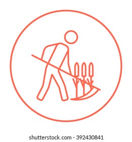 Man mowing grass with scythe line icon.