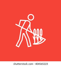 Man mowing grass with scythe line icon.